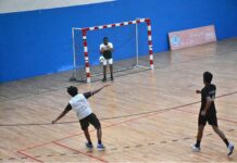 A view of a Futsal match played between Islamabad Red and Sindh teams during 1st Micro Futsal National Championship 2026 at Multipurpose Sports Complex GC University Faisalabad (GCUF).