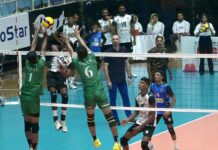 Players of Bangladesh and Sri Lanka volleyball teams in action during CAVA Men’s Volleyball Championship 2026 match at the Liaquat Gymnasium, Pakistan Sports Complex.