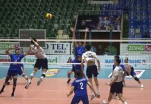 Players of Kazakhstan and Uzbekistan battle for a point during the match of the CAVA Men’s Volleyball Championship 2026 at Liaquat Gymnasium, Pakistan Sports Complex.