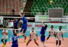 Bangladesh and Kazakhstan players engage in an intense battle at the net during their CAVA Men’s Volleyball Championship 2026 clash at the Liaquat Gymnasium, Pakistan Sports Complex.