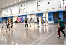 A view of Final Hand Ball Match playing between District Sargodha and District Bhakher Hand Ball Teams during Inter District Hand Ball Championship organized by Hand Ball Association with the collaboration of District Sports Department at Sports Gymnasium.